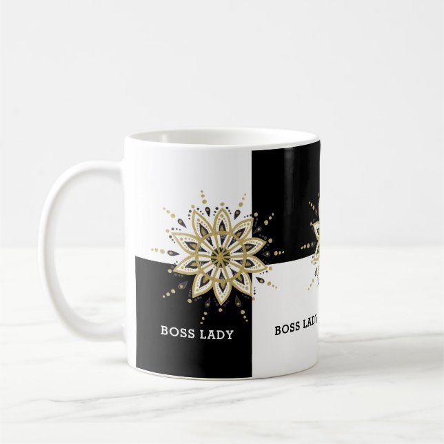 Black White och Guld Mandala Chef Dam Design Kaffemugg (Vänster)