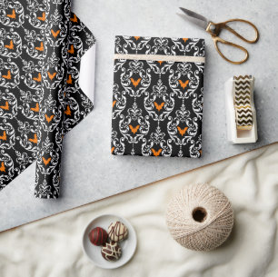 Black White och Orange Damask Halloween Fladdermus Presentpapper