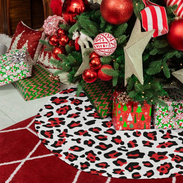 Black White och Red Leopard Spot Julgransmatta Borstad Polyester (Black White and Red Leopard Spot Brushed Polyester Tree Skirt)