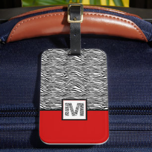 Black White och Red 🦓 Zebra Monogram Bagagebricka