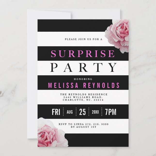 Black White och Rosa ros Surprise Party Inbjudningar (Framsida)