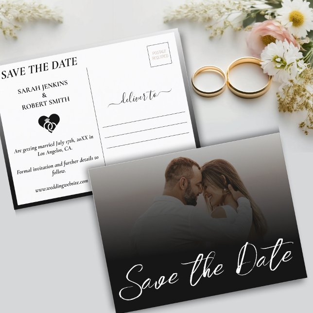 Black & White Ombre Photo Bröllop spara datum Meddelande Vykort (Black & White Ombre Photo Wedding Save The Date Announcement Postcard)