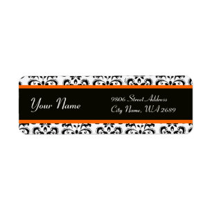 BLACK WHITE ORANGE GULT DAMASK RETURADRESS ETIKETT