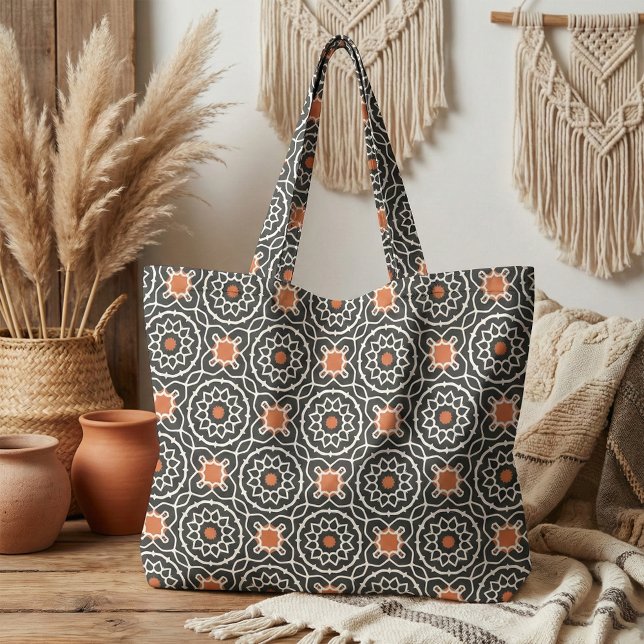 Black White Orange Moroccan Geometric Mönster Tyg (Skapare uppladdad)