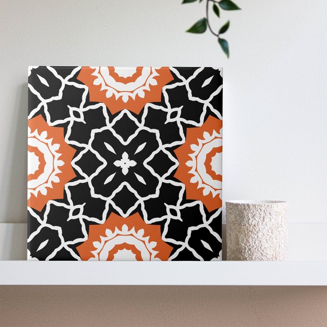 Black White Orange Mosaic Moroccan Geometric Kakelplatta (Skapare uppladdad)