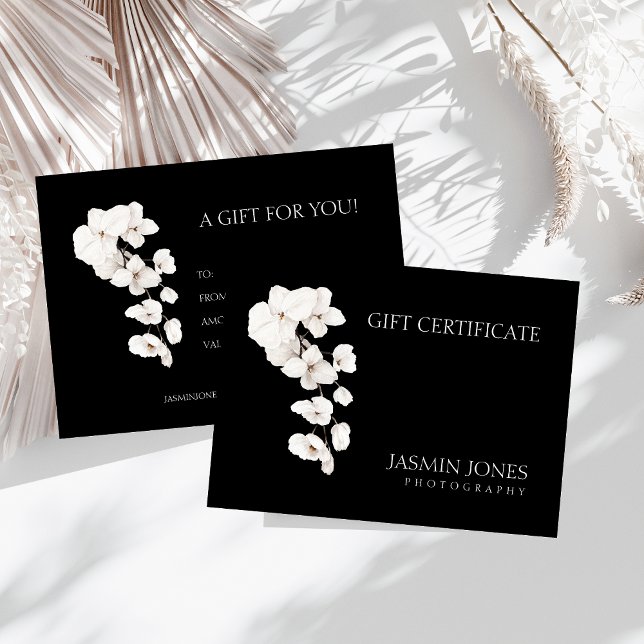 Black White Orchids Business Gift-certifikat Visitkort (Modern Black and White QR Code Orchids Flowers Business Gift Certificate)