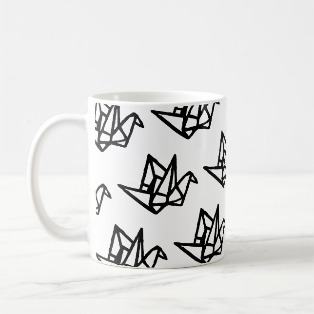 Black & White Origami Paper Crane Linocut Kaffemugg (Vänster)