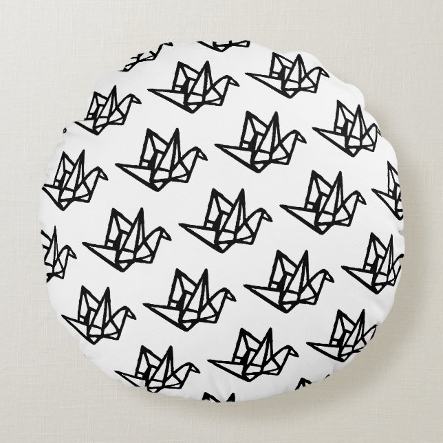 Black & White Origami Paper Crane Linocut Rund Kudde (Framsidan)