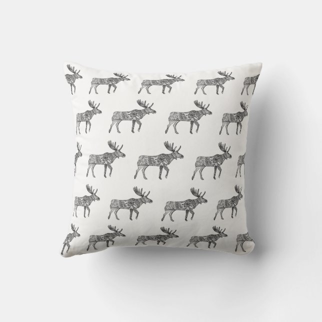 Black & White Ornamental Walking Moose Silhouette Kudde (Baksida)