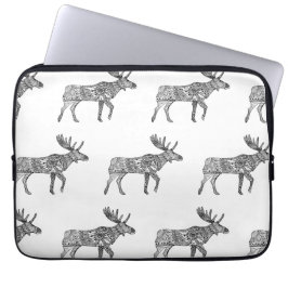 Black & White Ornamental Walking Moose Silhouette Laptop Fodral