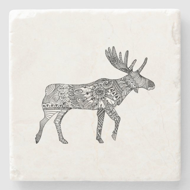 Black & White Ornamental Walking Moose Silhouette Stenunderlägg (Framsidan)