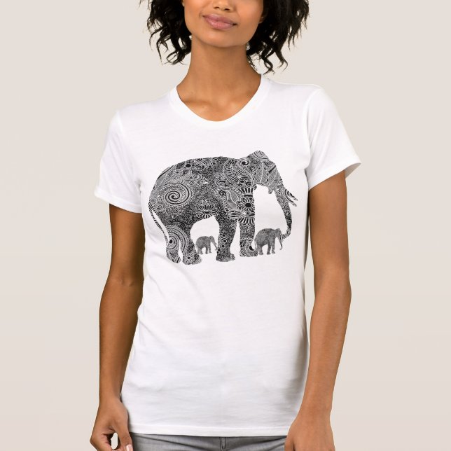Black & White Ornate Blommigt Elephants Tee Shirt (Framsida)
