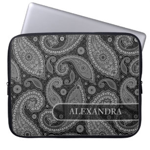 Black & White Ornate Blommigt Paisley Mönster 2 Laptop Fodral