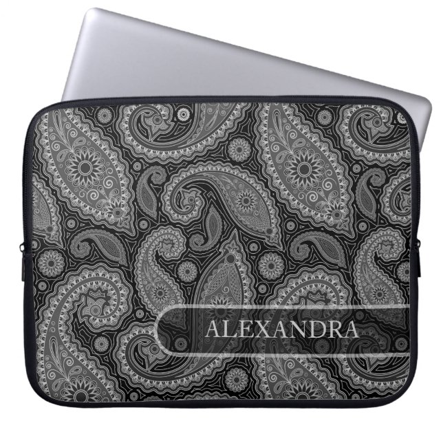 Black & White Ornate Blommigt Paisley Mönster 2 Laptop Fodral (Framsidan)