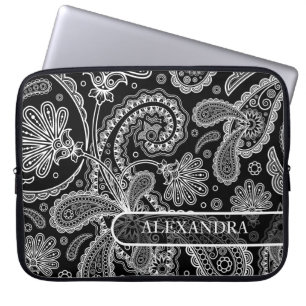 Black & White Ornate Blommigt paisley Mönster Laptop Fodral