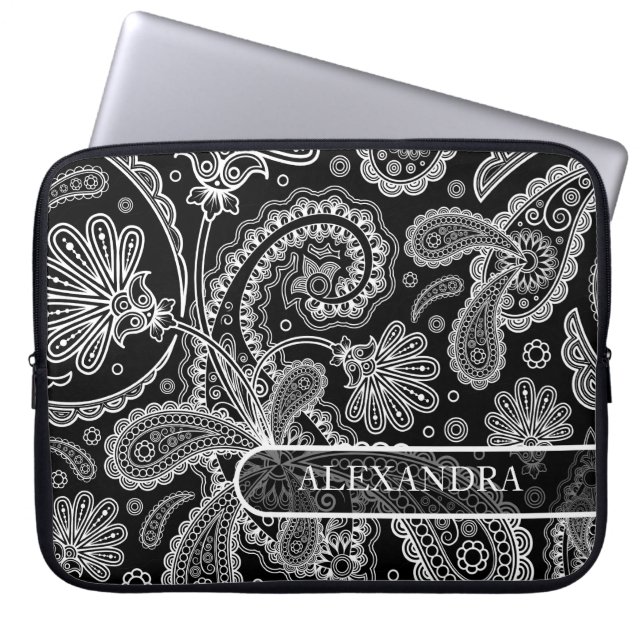 Black & White Ornate Blommigt paisley Mönster Laptop Fodral (Framsidan)