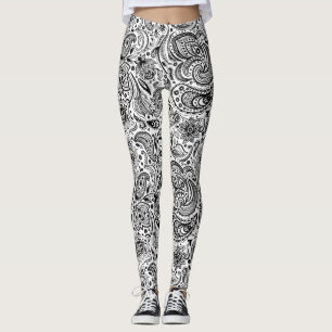 Black & White Ornate Blommigt Paisley Mönster Leggings