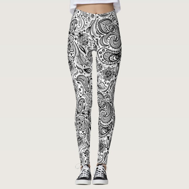 Black & White Ornate Blommigt Paisley Mönster Leggings (Framsida)
