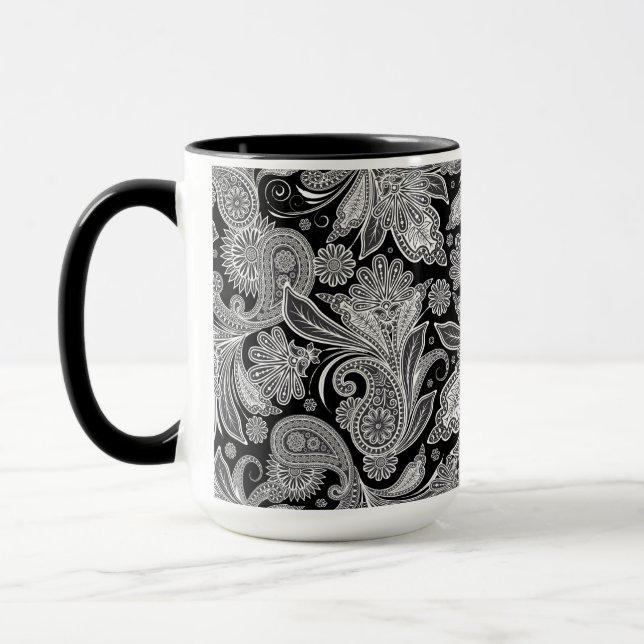 Black & White Ornate Paisley Mönster Mugg (Vänster)