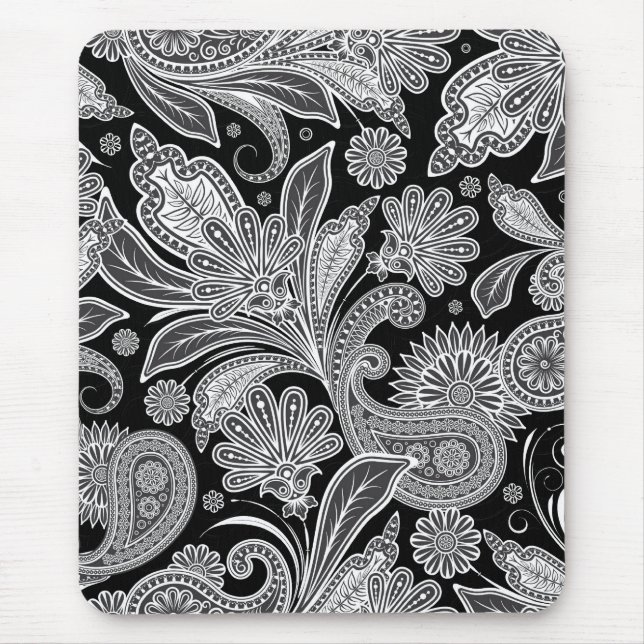 Black & White Ornate Paisley Mönster Musmatta (Framsidan)
