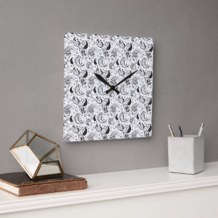 Black & White Paisley Mönster - Elegant Textilkons Fyrkantig Klocka