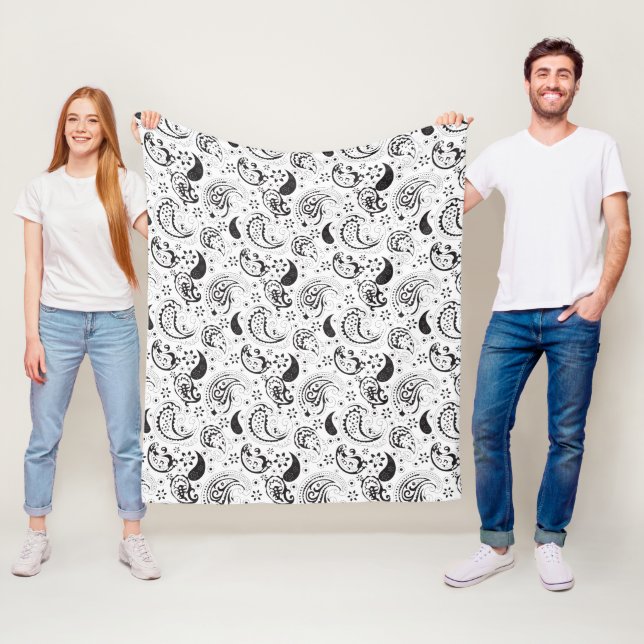 Black & White Paisley Pattern –Elegant Textile Art Fleecefilt (På plats)