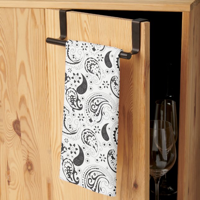 Black & White Paisley Pattern –Elegant Textile Art Kökshandduk (Thirds Fold)