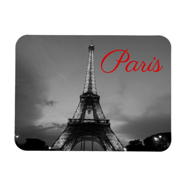Black White Paris City Night Eiffel Torn European Magnet (Horisontell)