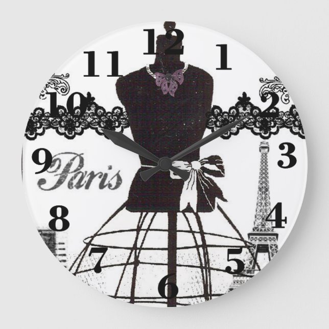 Black White Paris Mode Mannequin Stor Klocka (Framsida)