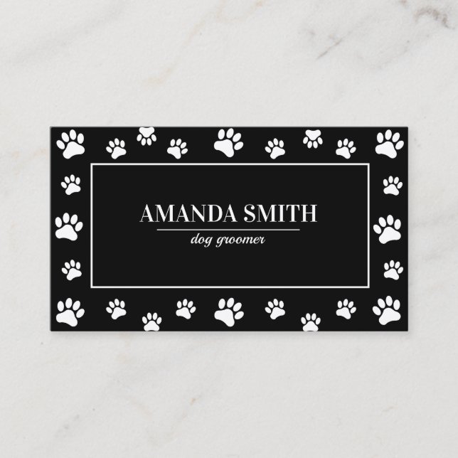 Black & White Paw Prints Dog Groomer Business Card Visitkort (Framsida)