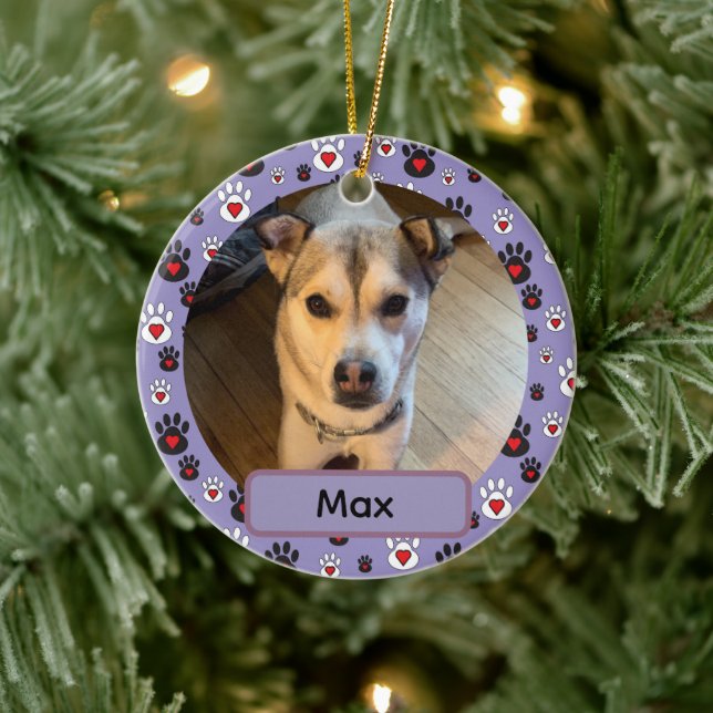 Black White Pawprint Red hearts Name blue Ornament (Träd)