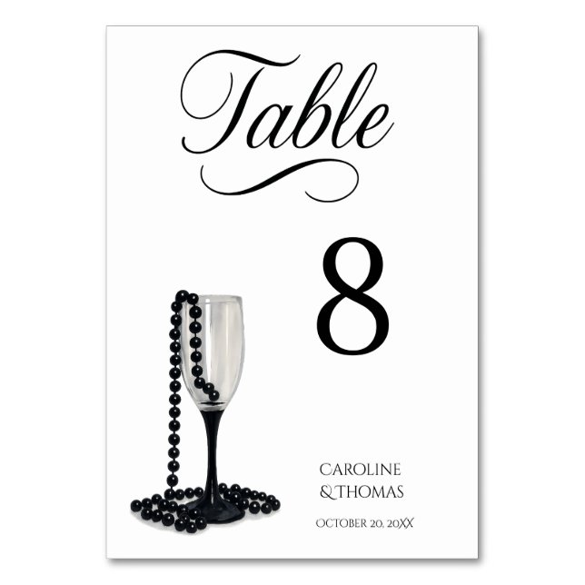 Black & White Pearl Champagne Glass Bröllop Bordsnummer (Framsidan)