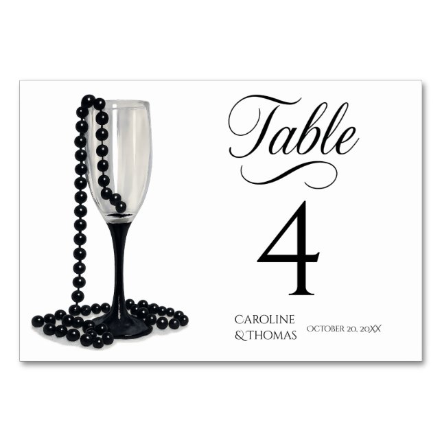 Black & White Pearl Champagne Glass Bröllop Bordsnummer (Framsidan)