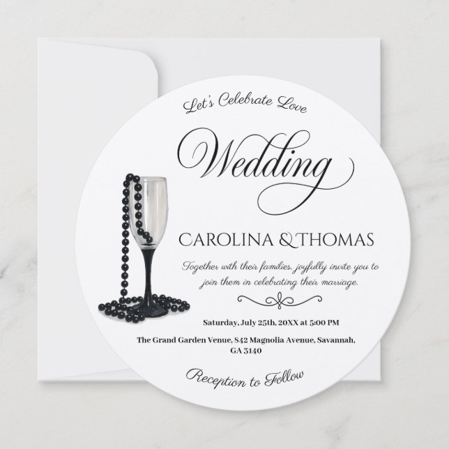 Black & White Pearl Champagne Glass Bröllop Inbjudningar (Framsida)