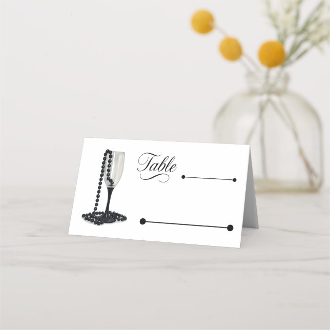 Black & White Pearl Champagne Glass Bröllop Placeringskort (Framsida)