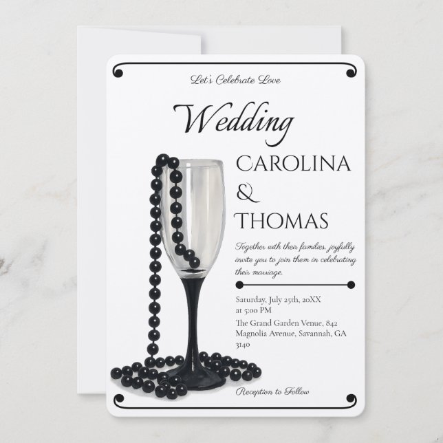 Black & White Pearl Champagne Glass Wedding Inbjudningar (Framsida)