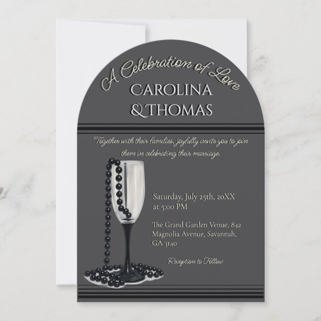 Black & White Pearl Champagne Glass Wedding Inbjudningar (Framsida)