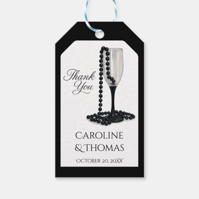 Black & White Pearl Champagne Glass Wedding Presentetikett (Framsidan)