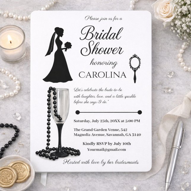 Black White Pearl Champagne Möhippa Inbjudningar (Skapare uppladdad)