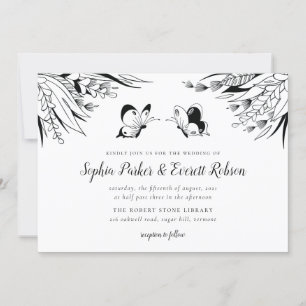 Black White Pen Bläck Butterfly Blommigt Bröllop Inbjudningar