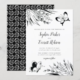Black White Pen Bläck Butterfly Botanical Bröllop Inbjudningar