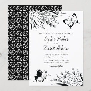 Black White Pen Bläck Butterfly Botanical Bröllop Inbjudningar