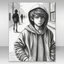 Black & White Pencil Teckning Ledsen Boy AI Art Po
