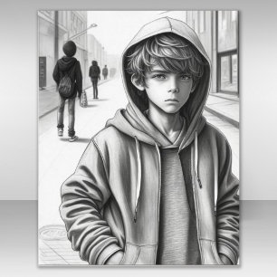 Black & White Pencil Teckning Ledsen Boy AI Art Po Poster