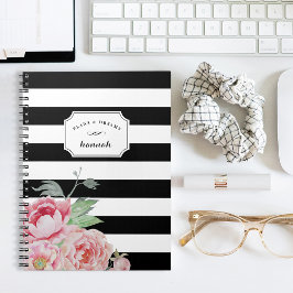 Black & White Peony Blommigt Rand Anteckningsbok