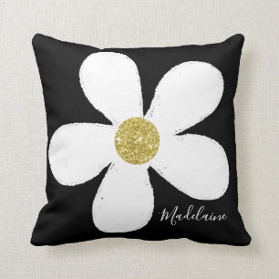 Black White Personal Simple Daisy Mönster Guld Kudde