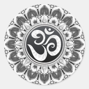 Black+White Petals Aum Mandala Art Round Sticker Runt Klistermärke