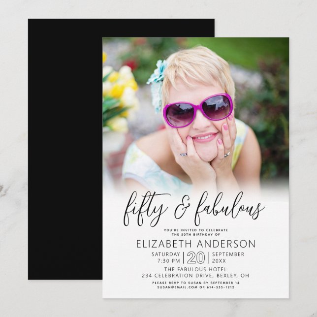 Black White Photo 50 Fabulous Birthday Script Bold Inbjudningar (Fram/baksida)
