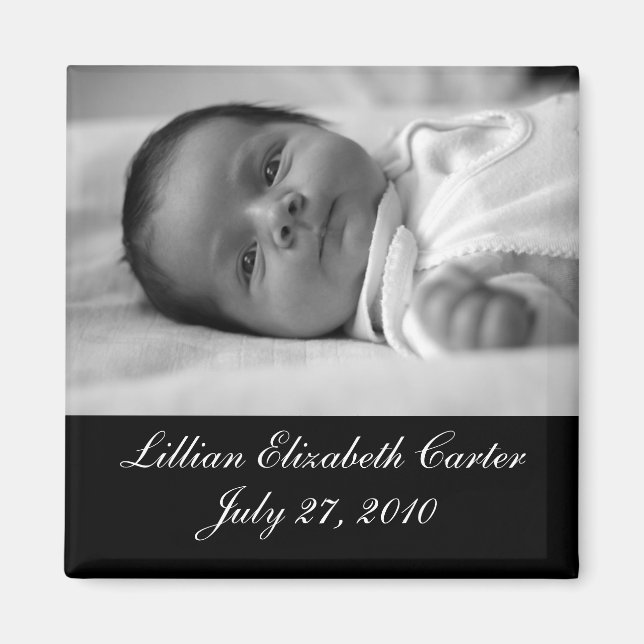Black White Photo Baby Birth Magnet (Framsidan)