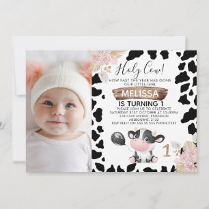 Black White Photo Boho Blommigt Heliga Cow Birthda Inbjudningar